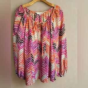 Trina Turk Silk Tie-Neck Blouse L Fuchsia Coral Abstract Print Balloon Sleeve